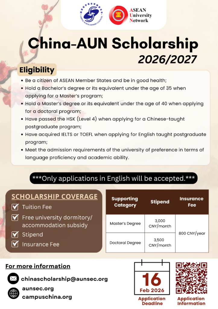 THÔNG BÁO HỌC BỔNG CHINA-AUN Scholarship 2026/2027 TẠI TRUNG QUỐC